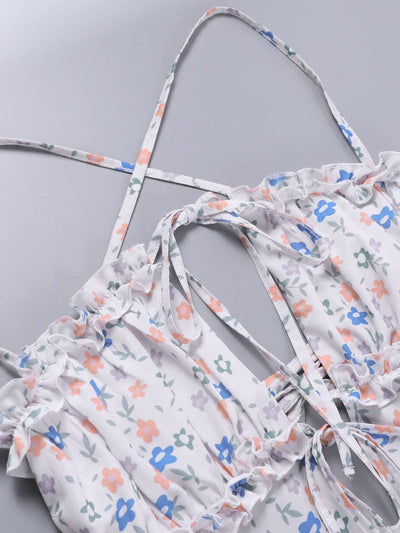 Floral Print Backless Laceup Cutout Split Dress