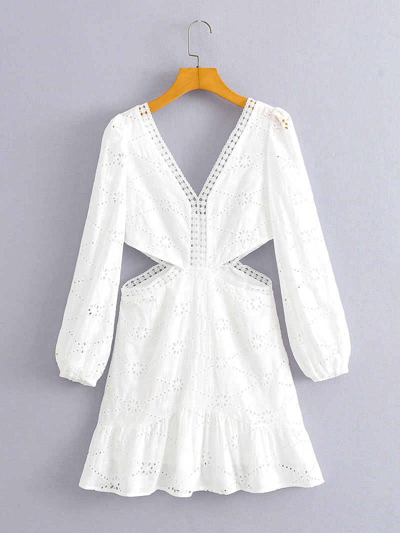V Neck Eyelet Embroidery Dress