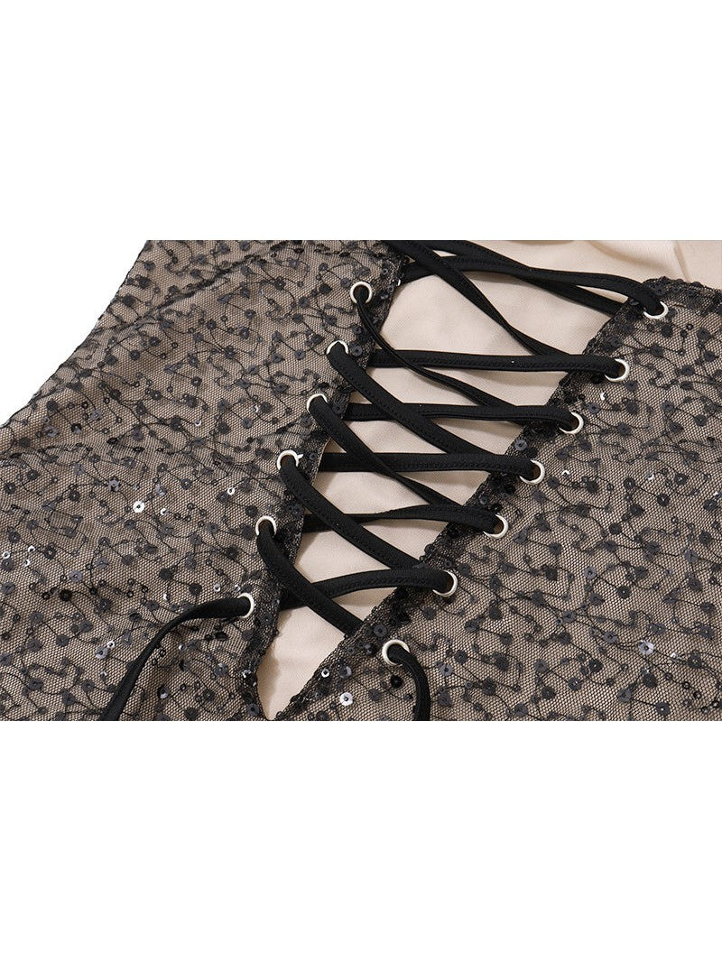 Sequins Boning Lace Fishnet Tube Ribbon Dress