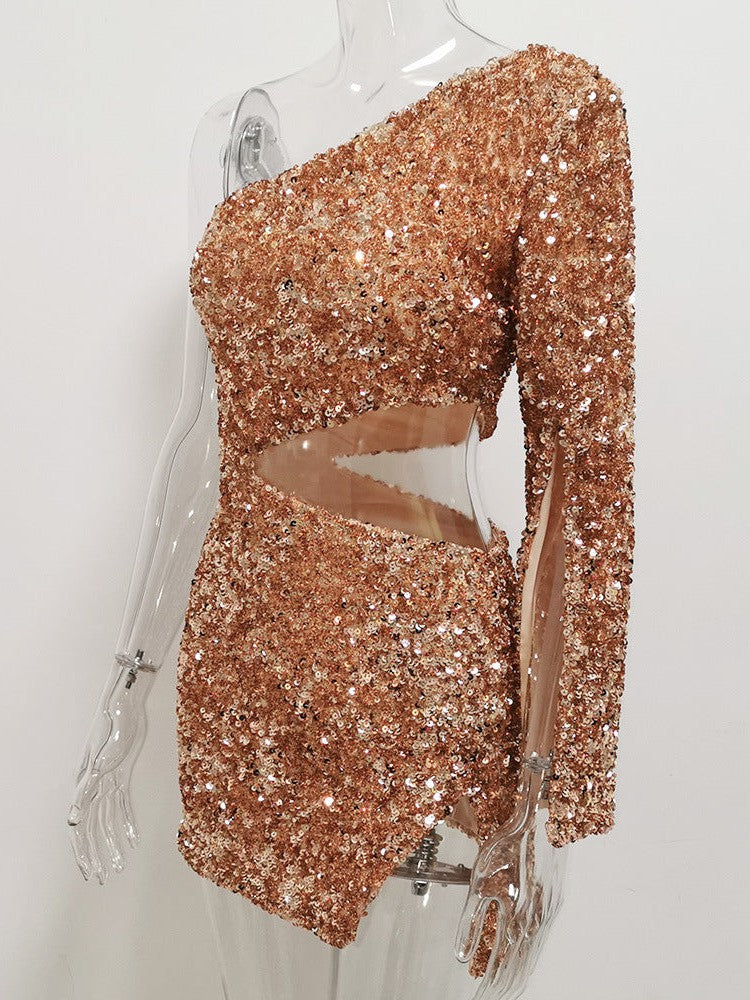 Golden One Shoulder Hollow Out Sequins Party Dress