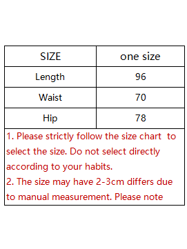 Size chart: One size with Length 96, Waist 70, Hip 78; red warning text about manual measurement differences.