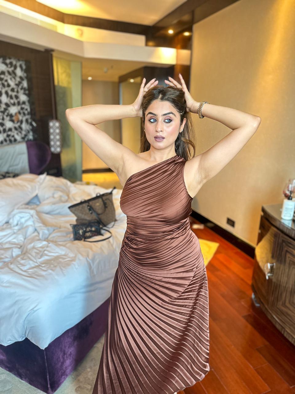 One Shoulder Sun Pleated Satin Dress- Brown