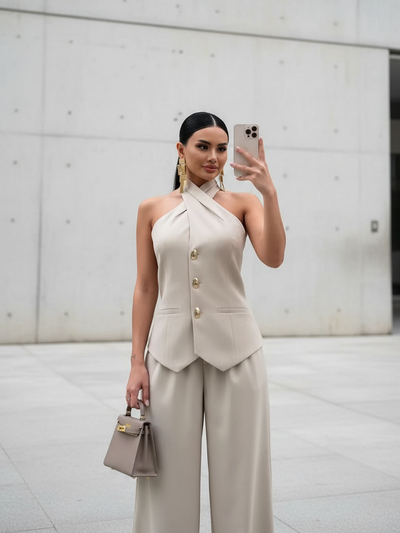 Asymmetric Halterneck Waistcoat Vest Top & Pants Coord Set