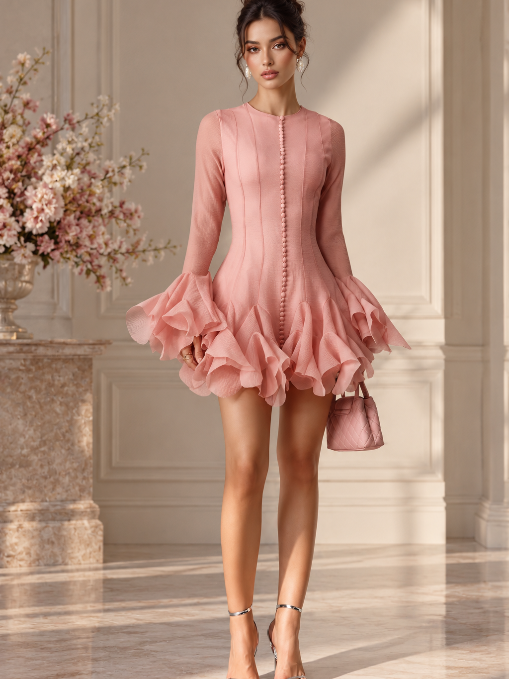 Elodie Blush Mini Dress by EXCLUSIVES, pink long-sleeve with voluminous ruffled hem and button-front detail