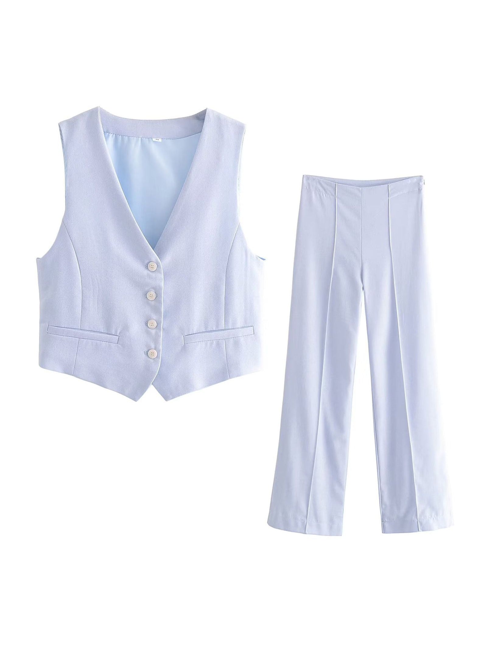 Powder-blue vest with V-neck, four buttons, welt pockets; matching powder-blue wide-leg trousers with front pleats.