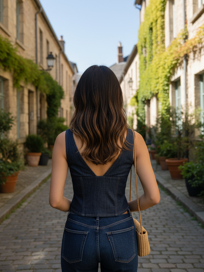 V Neck Denim Vest Crop Top