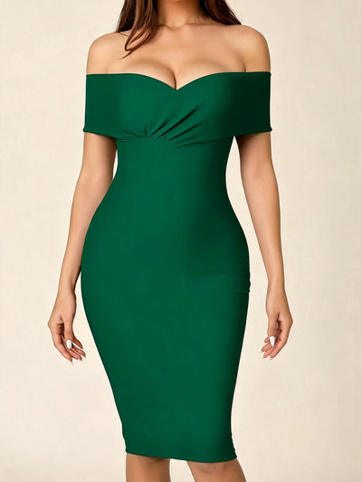 Off Shoulder Barnet Bodycon Dress in emerald green, knee-length and form-fitting
