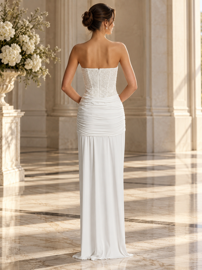 Ophelia Corset Maxi Dress by Exclusives, white strapless gown with lace bodice and ruched waist.