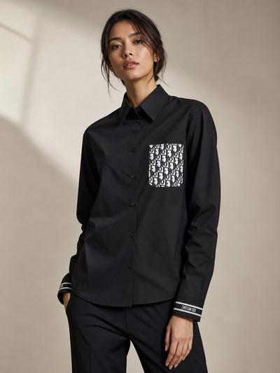 CD Print Cotton Shirt by SR Store, black with a white monogram pocket; Dior-branded cuffs.
