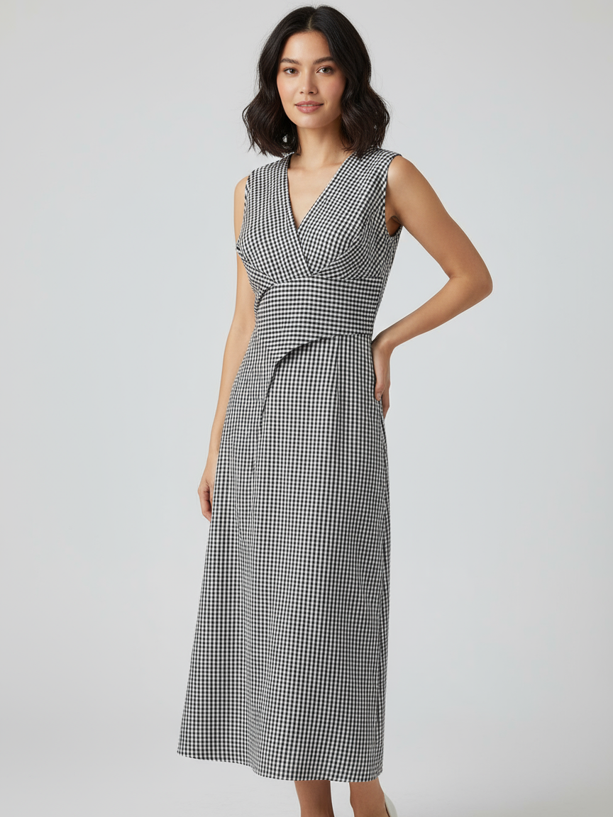 Gingham Print V Neck Vest Dress