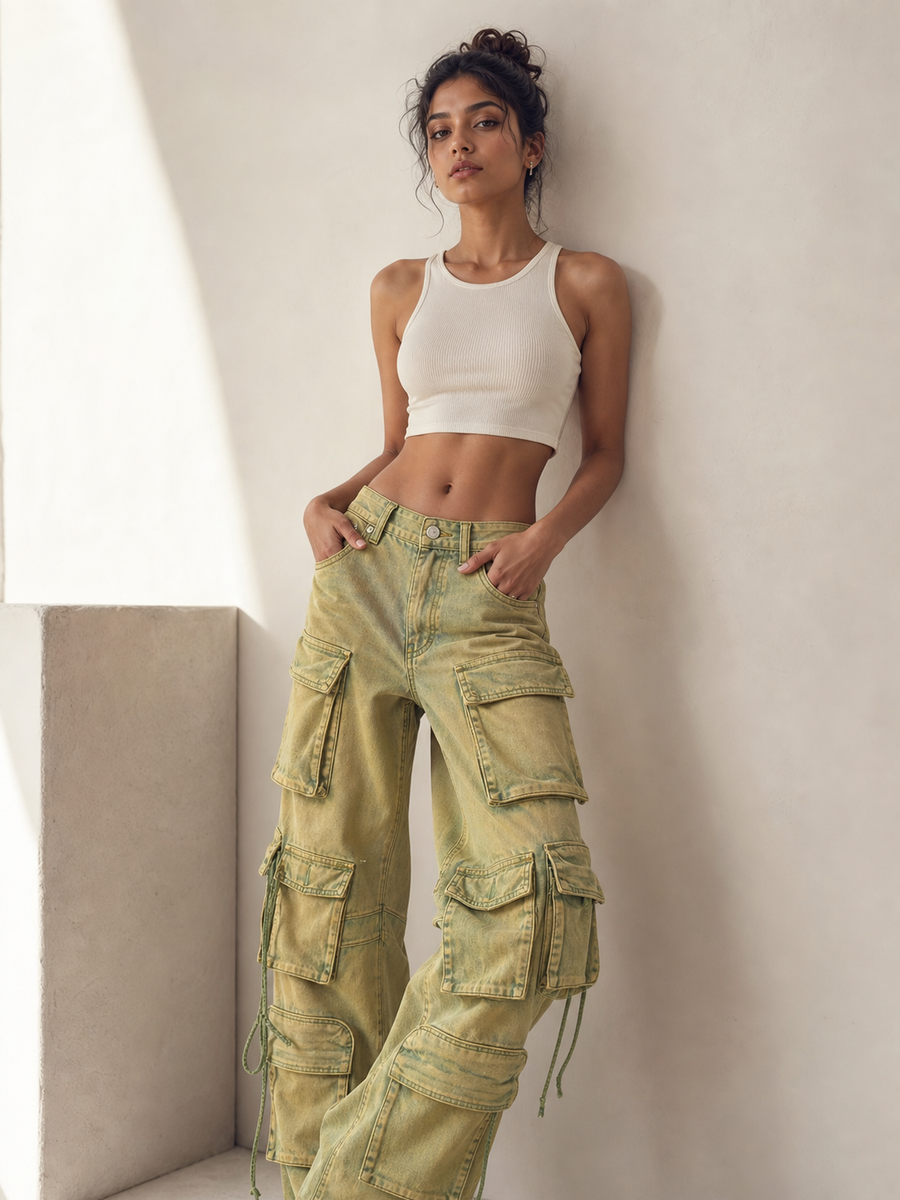 Green wide-leg cargo denim pants by EXCLUSIVES on sale