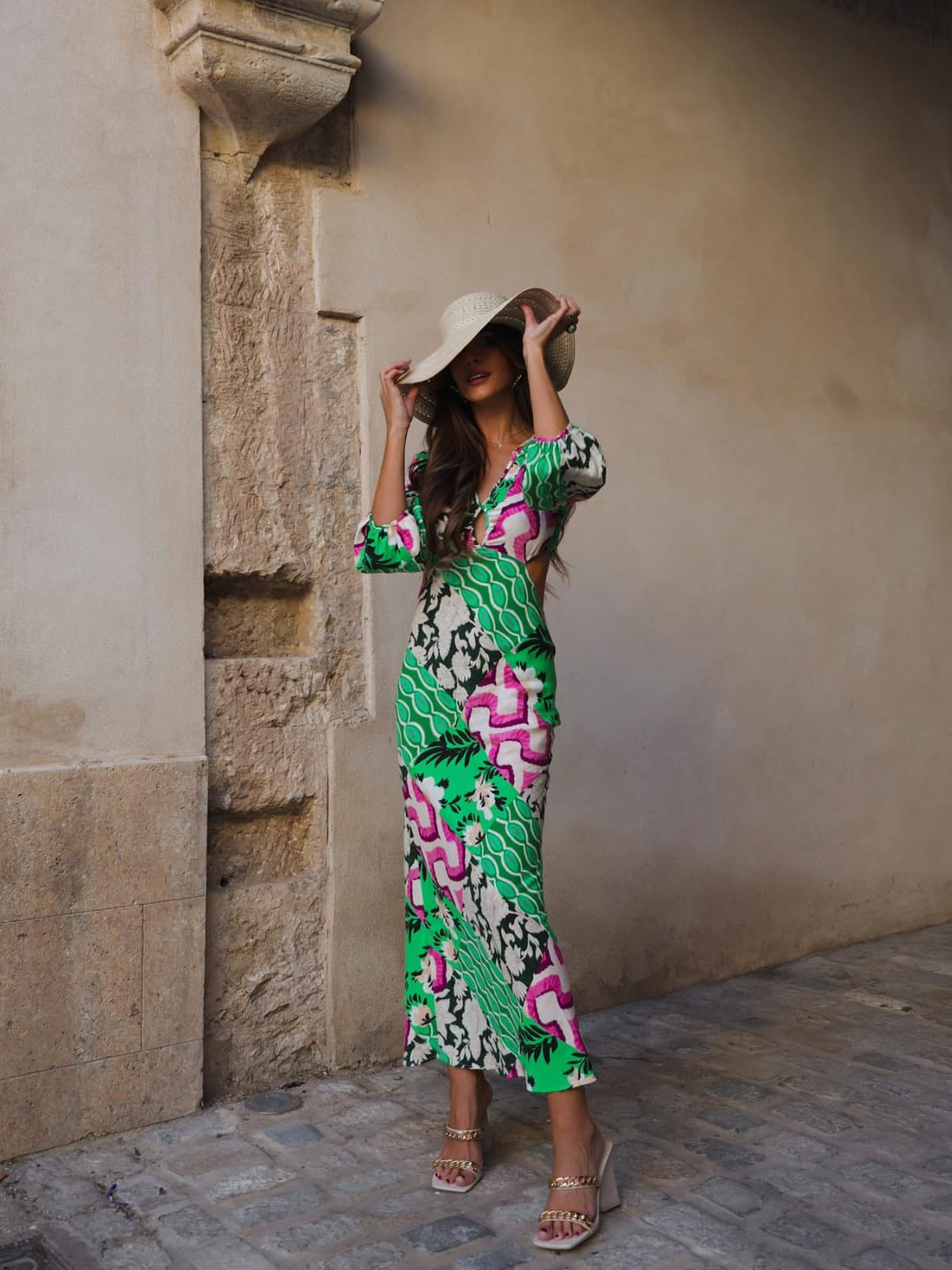 Green Printed Hollow Out Cutout Dress