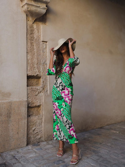 Green Printed Hollow Out Cutout Dress