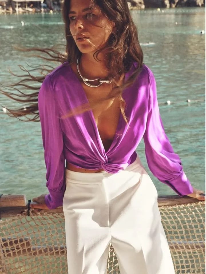 Pink Satin V Neck Top