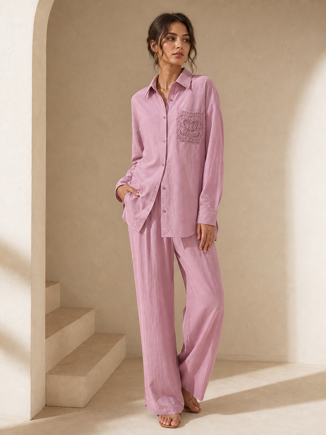 Embroidered Pocket Shirt & Pants Coord Set by EXCLUSIVES in dusty pink, loose-fit loungewear.