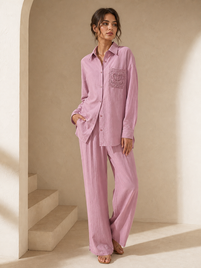 Embroidered Pocket Shirt & Pants Coord Set by EXCLUSIVES in dusty pink, loose-fit loungewear.