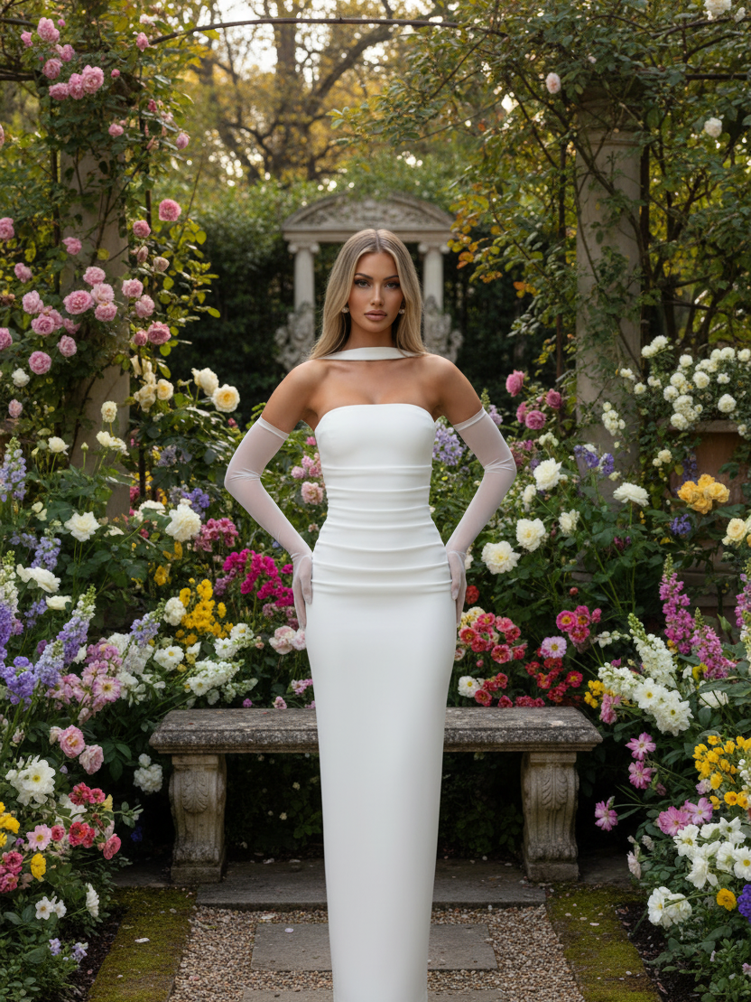 Strapless Sleeves Ruched Tube Maxi Dress with Scarf in white worn by model in a garden setting