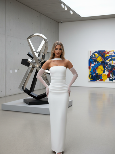 Strapless Sleeves Ruched Tube Maxi Dress with Scarf