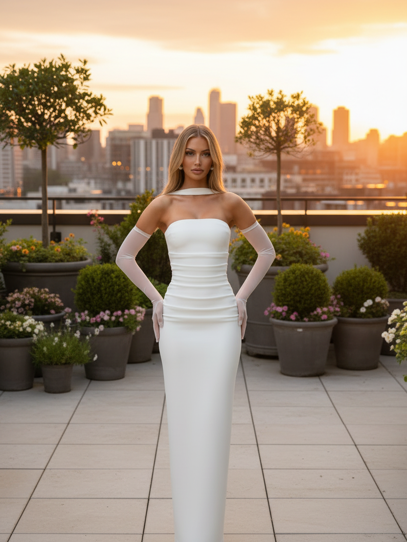 Strapless ruched tube maxi dress with scarf in white on a model against a sunset city skyline.
