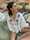 Embroidered V neck Mandrin Collar Top