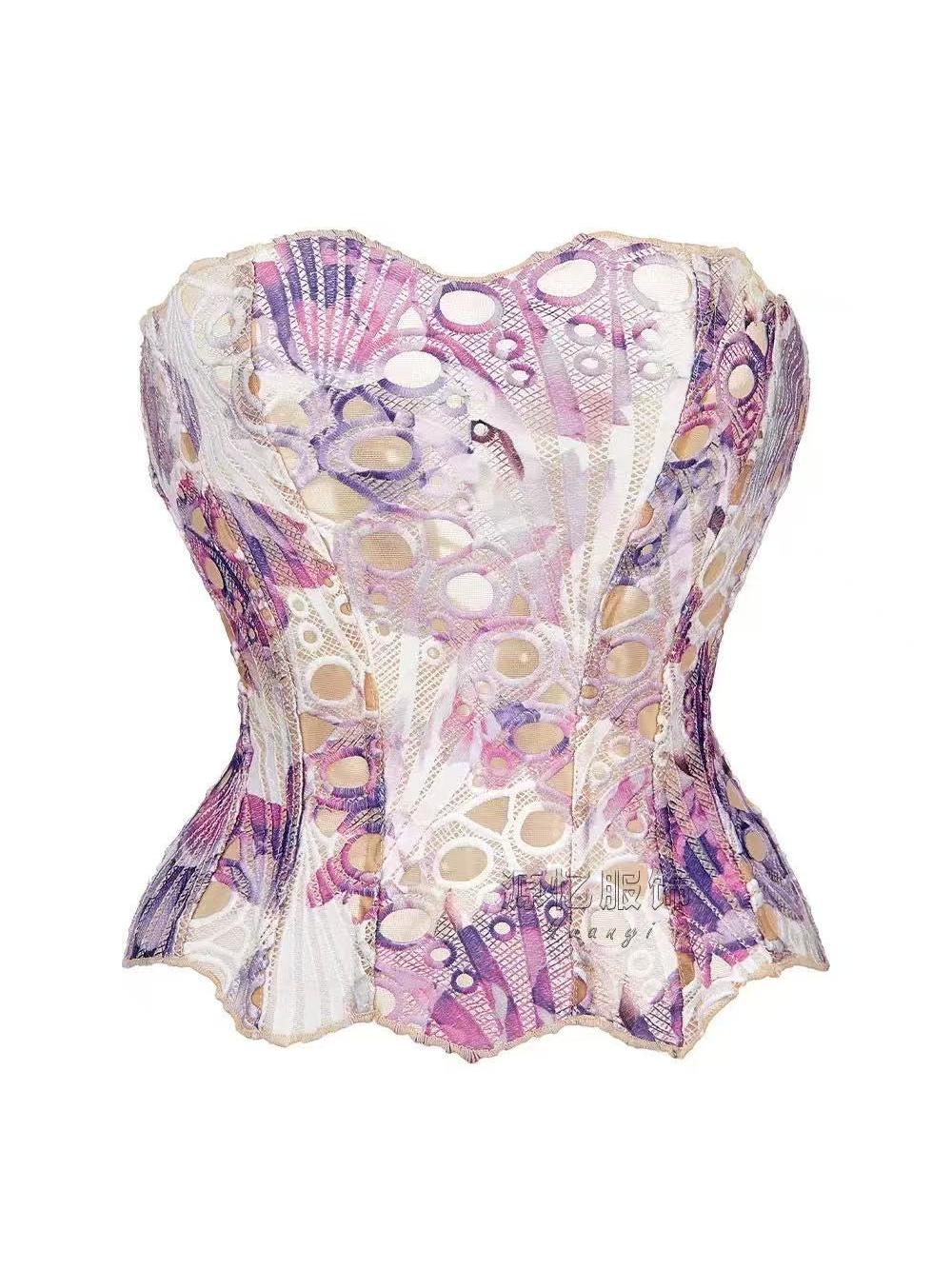 Strapless tube top with pink, purple, and cream mesh lace, circular cutouts, corset-like seams, and a scalloped hem
