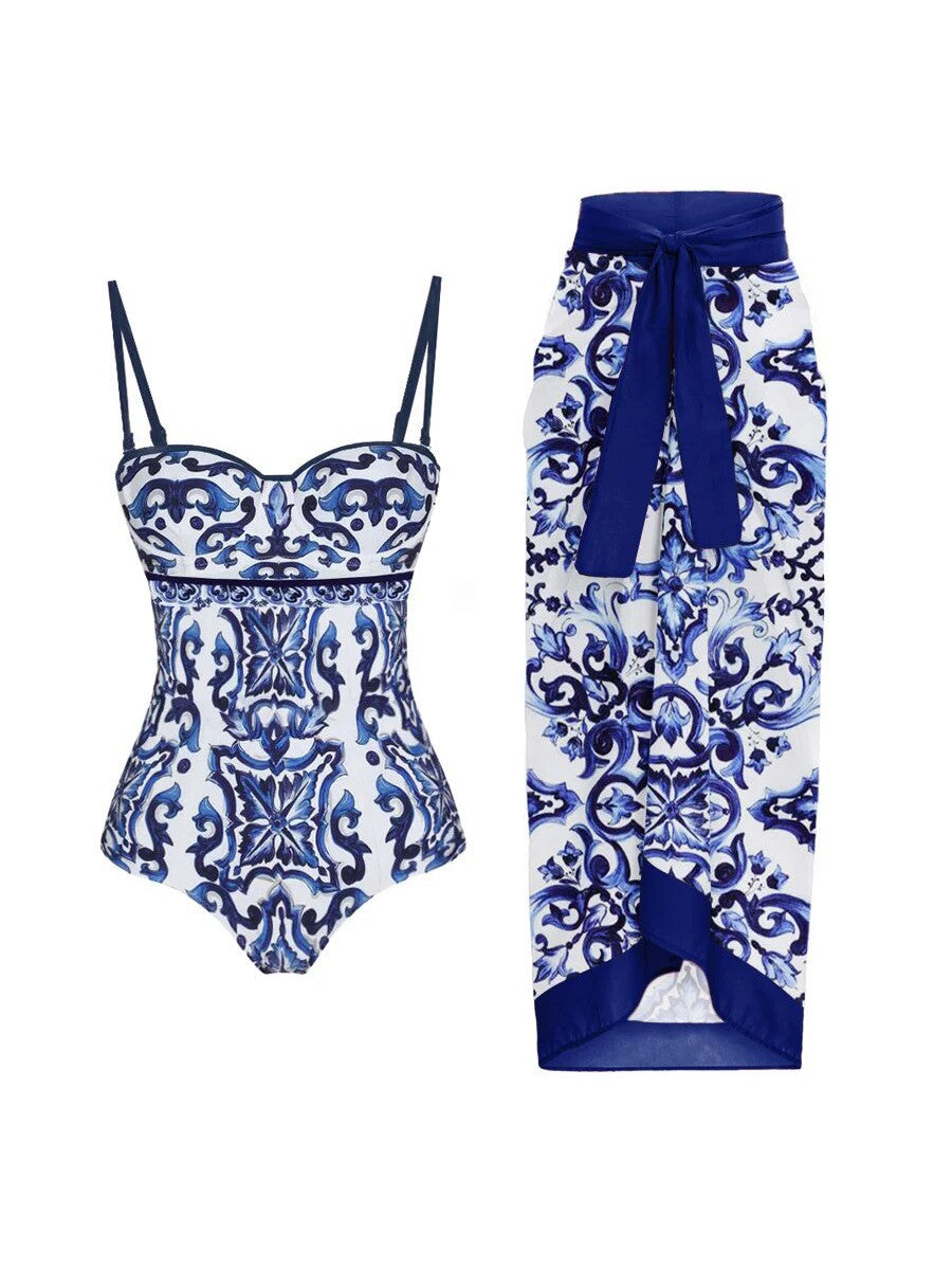 Porcelain Print Bikini Set with Skirt
