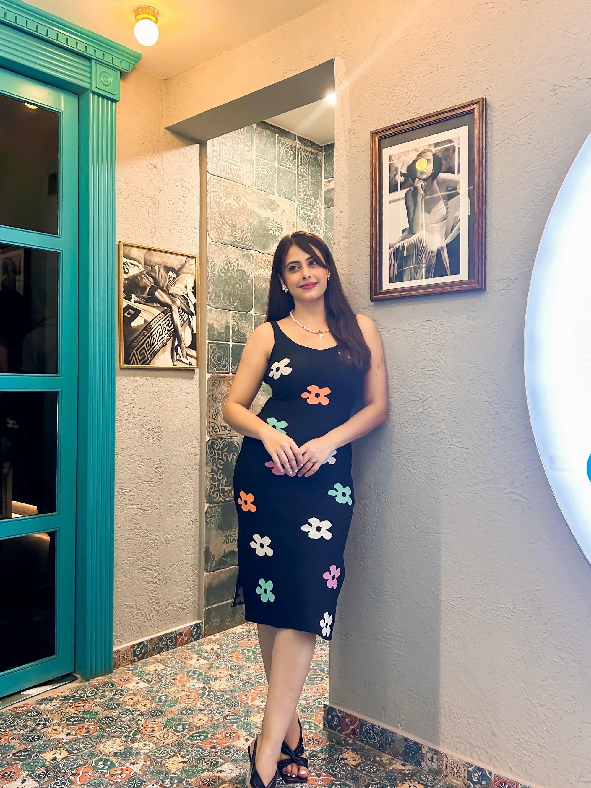 Floral Print Knitted Slit Midi Dress