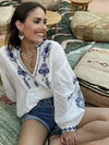 Embroidered V neck Mandrin Collar Top