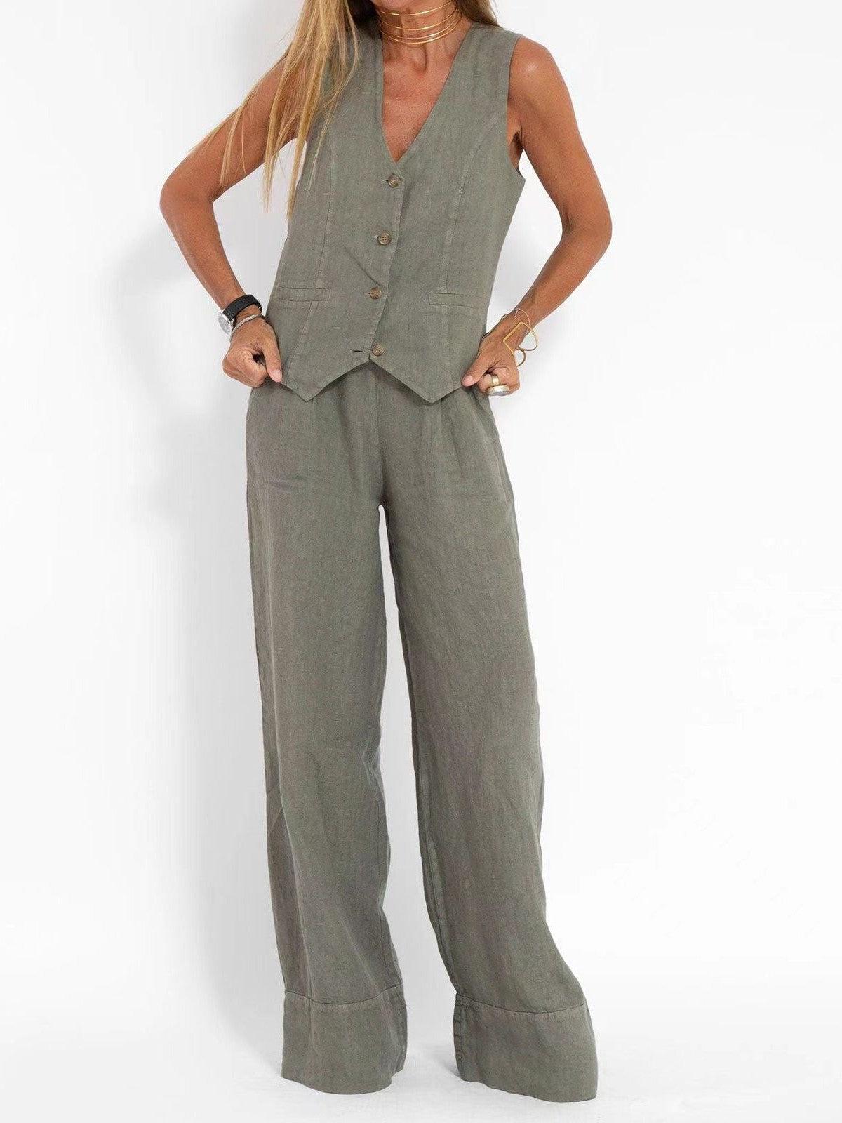 Olive-green linen waistcoat with V-neck and front buttons, paired with matching wide-leg pants on a model.