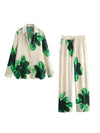 Green Flower Print Shirt & Pants Coord Set