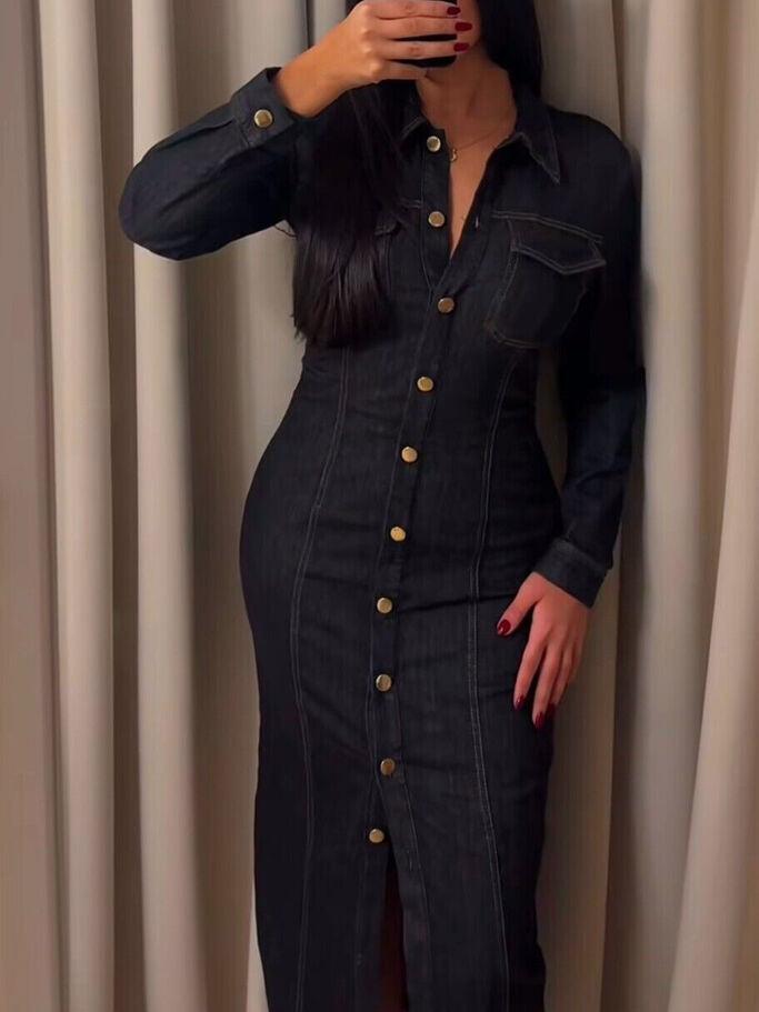 Denim Path Pockets Collared Dress