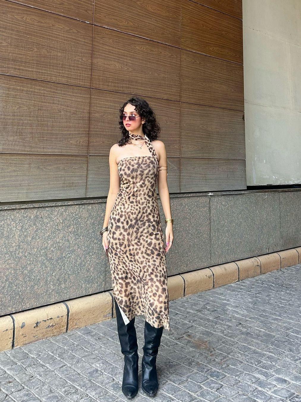 Animal Print Mesh Split Tube Dress