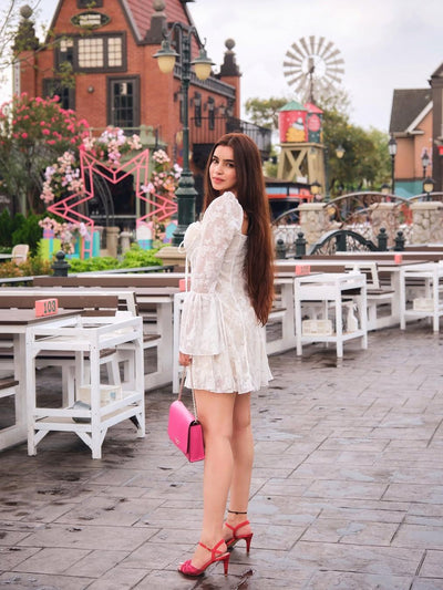 Nesa Lace Boning Corset Bell Sleevees Short Dress