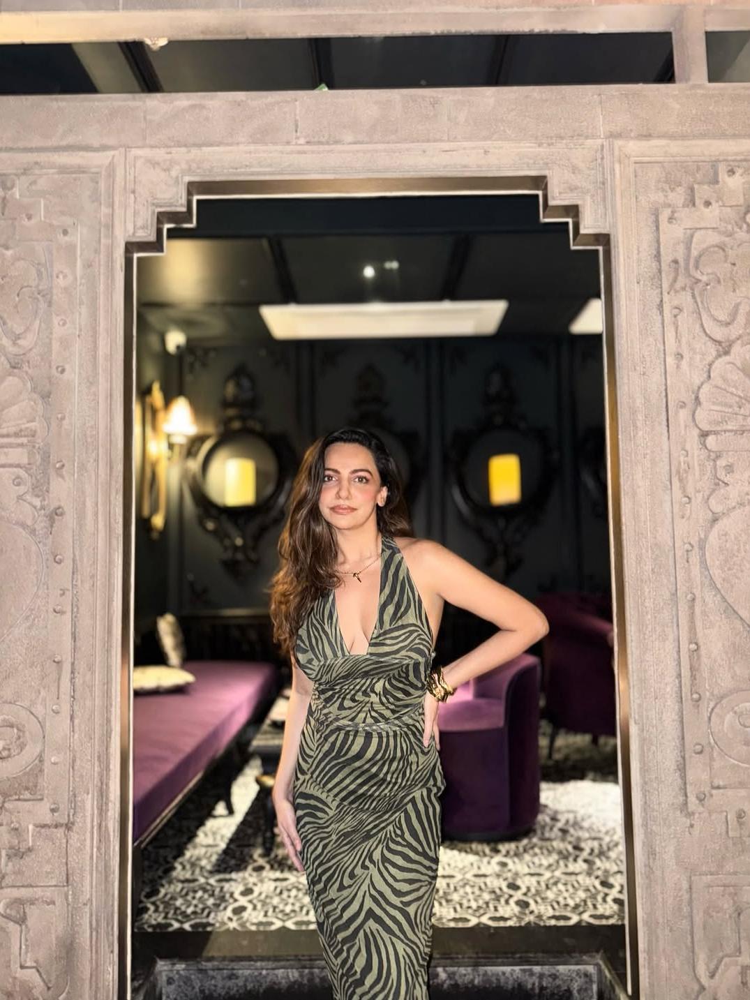 Animal Print Halterneck Backless Ruched Dress