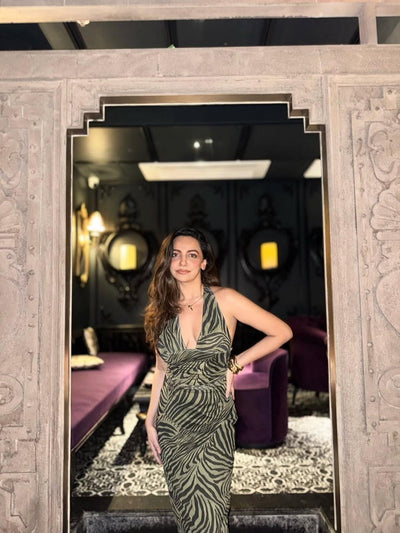 Animal Print Halterneck Backless Ruched Dress