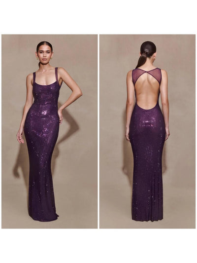 Scoop Neckline Backless Rhinestone Mesh Dress, purple sequined, floor-length; front and back views