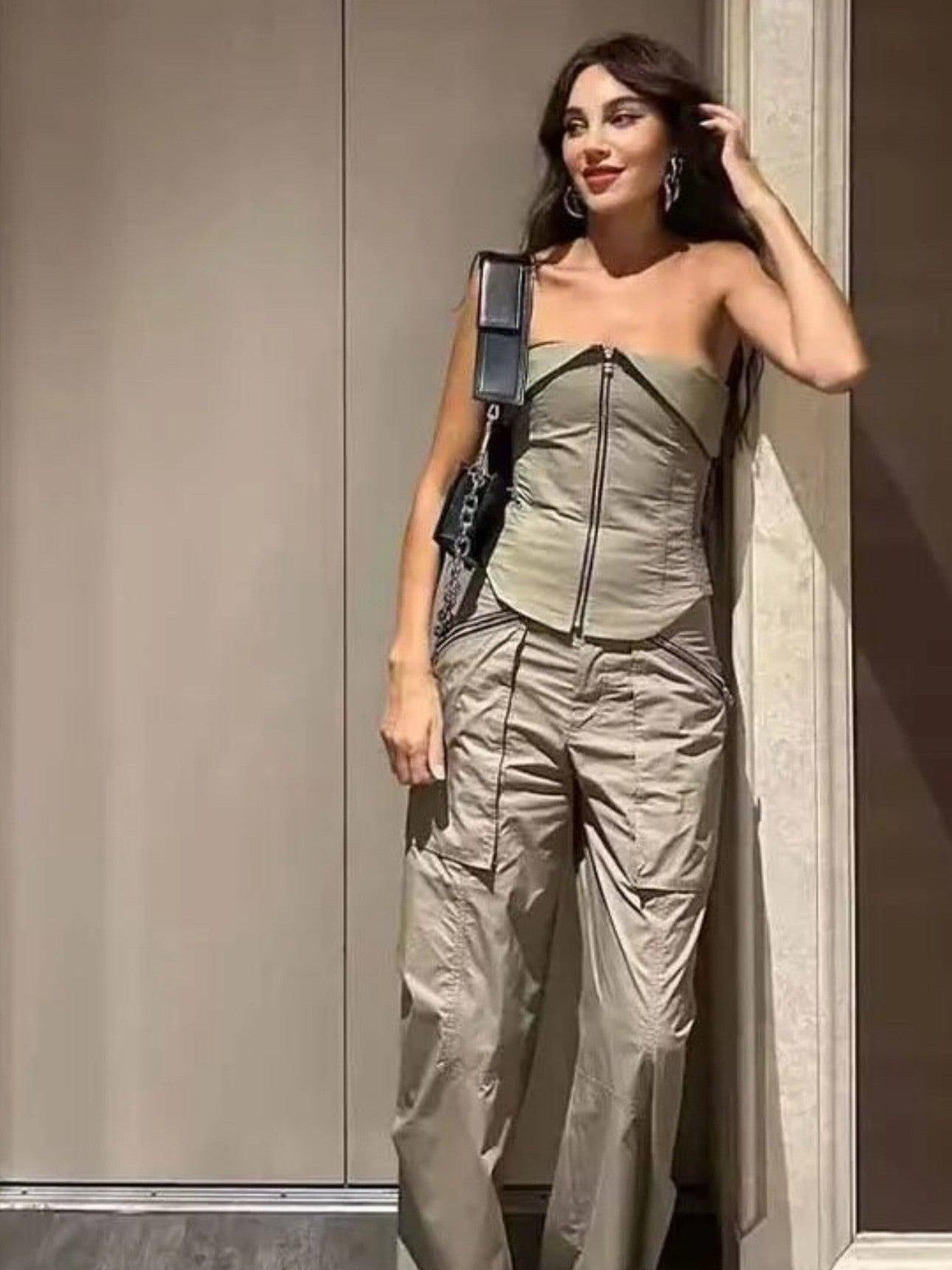 Zipper Tube Fold Top & Cargo Pants Coord Set