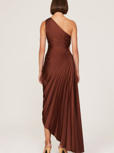 One Shoulder Sun Pleated Satin Dress- Brown