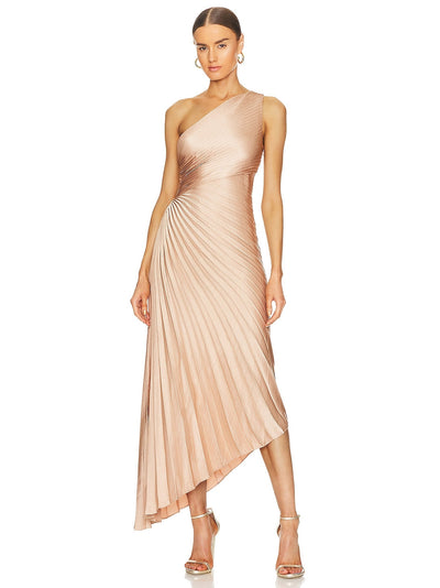 One Shoulder Sun Pleated Satin Dress - Apricot