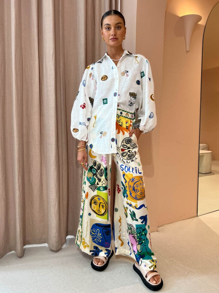 White Abstract Print Satin/ Linen Shirt & Pants Coord Set