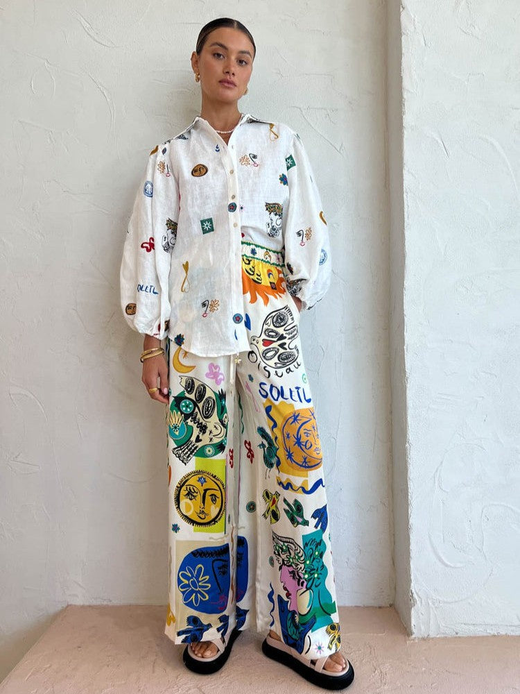 White Abstract Print Satin/ Linen Shirt & Pants Coord Set
