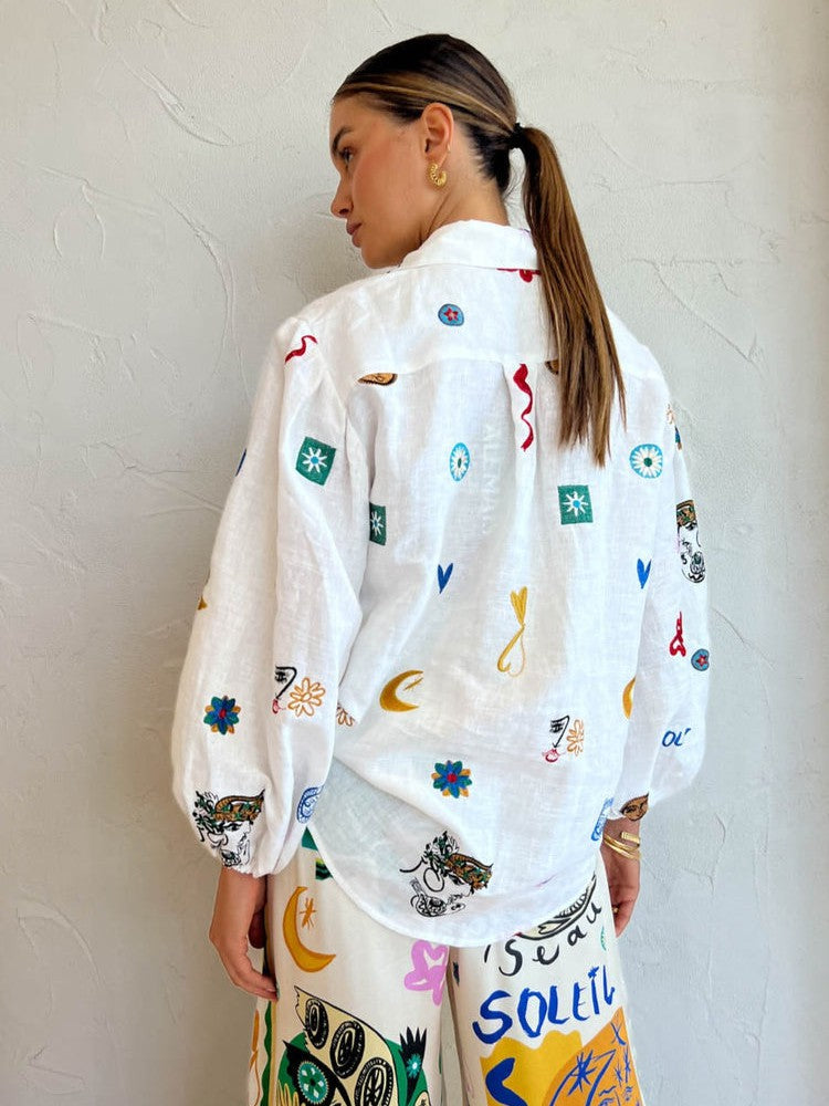 White Abstract Print Satin/ Linen Shirt & Pants Coord Set