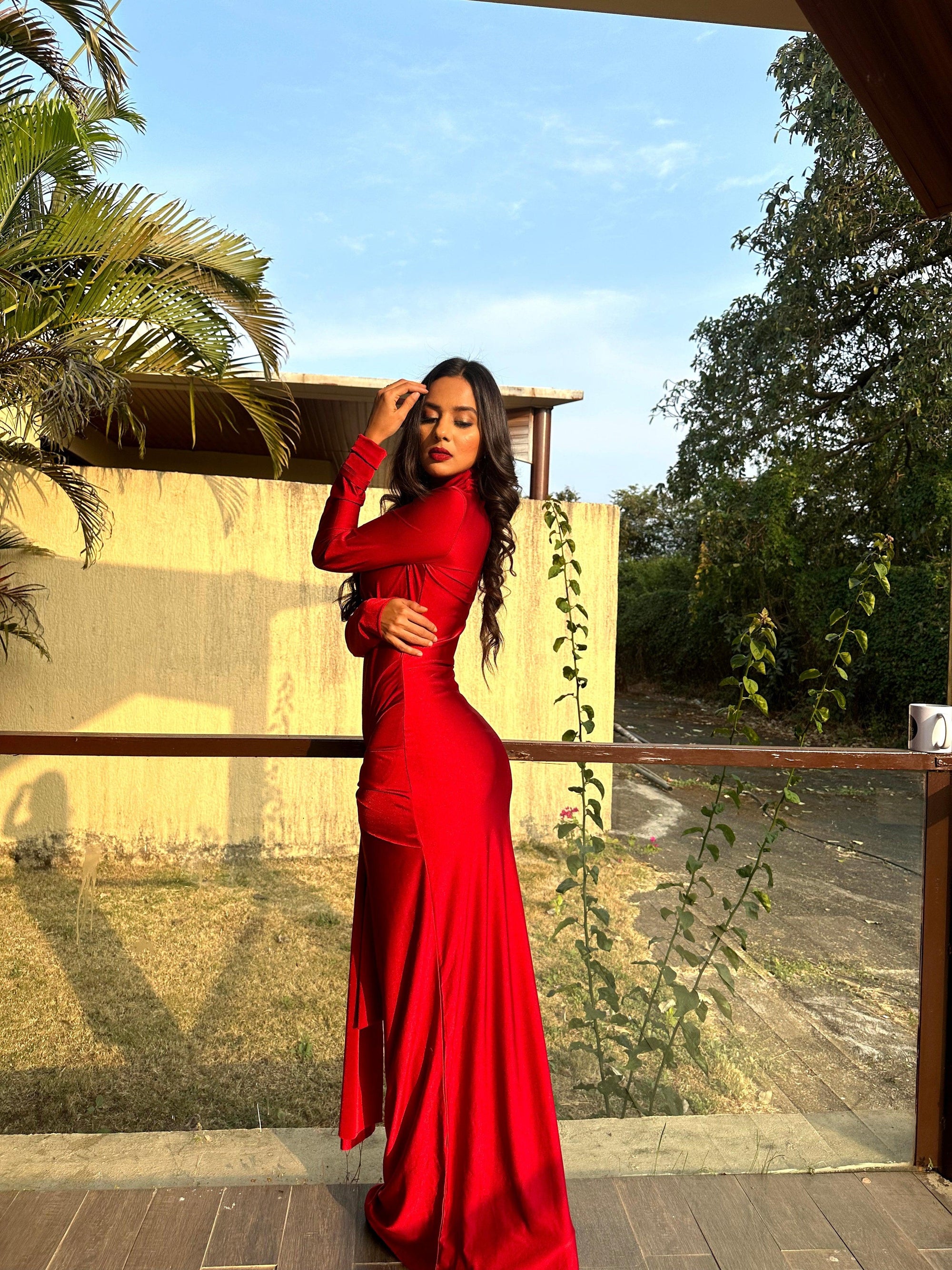 High Collar Knot Full Sleeves Bodycon Maxi Dress