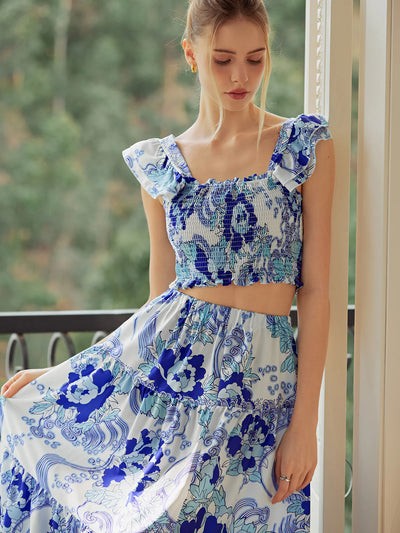 Blue Floral Print Cami Top & Skirt Coord Set