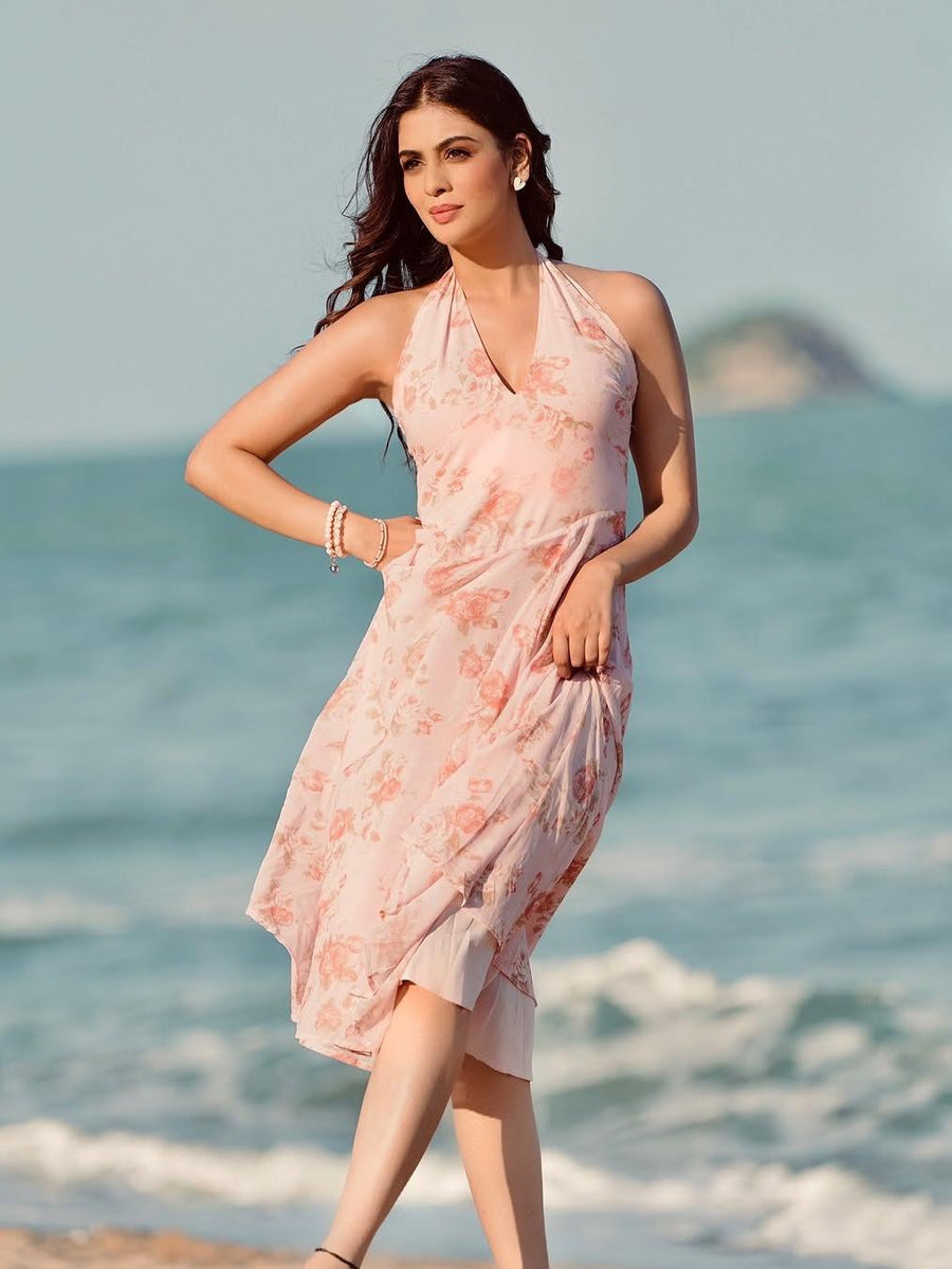 Floral Print V Neck Halter French Midi Dress