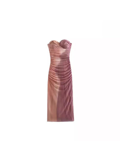 Pink Tie Dye Tube Bandeau Mesh Dress