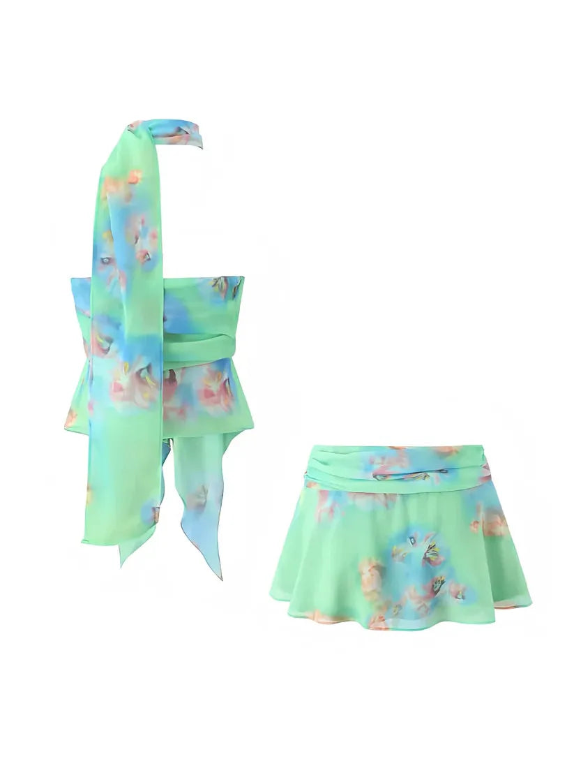 Floral Print Ruffle Trim Halter Top & Mini Skirt Coord Set