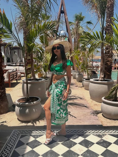 3 Piece Floral Print Ruffle Swimsuit Set with Sarong