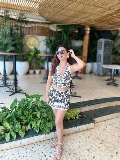 Halterneck Embroidered Top & Short Skirt Coord Set