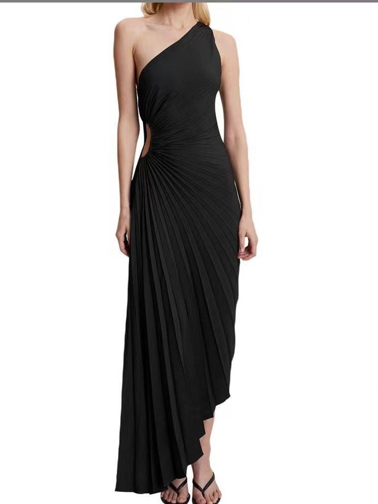 One Shoulder Pleated Asymmetric Cutout Dress